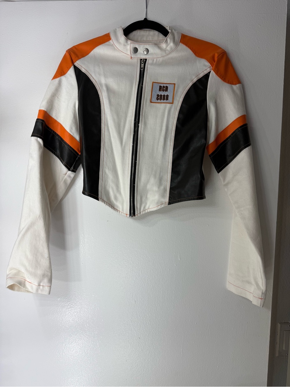 Women's Colorblock Faux Leather Moto Jacket - White/Black/Orange